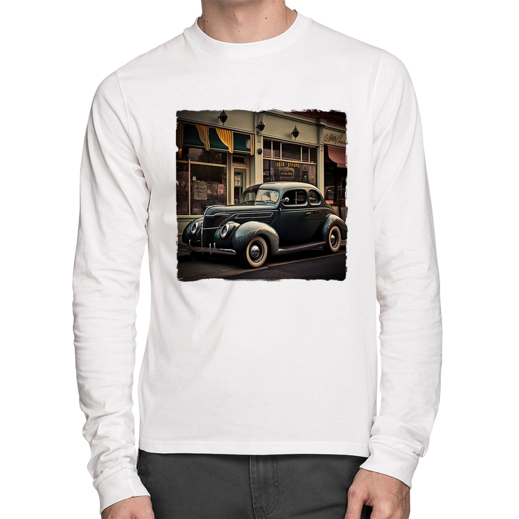 Camiseta Algodão Carro clássico na cidade Manga Longa - Branca