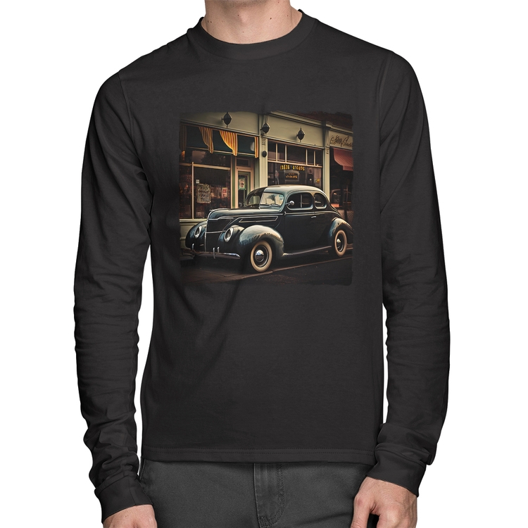Camiseta Algodão Carro clássico na cidade Manga Longa
