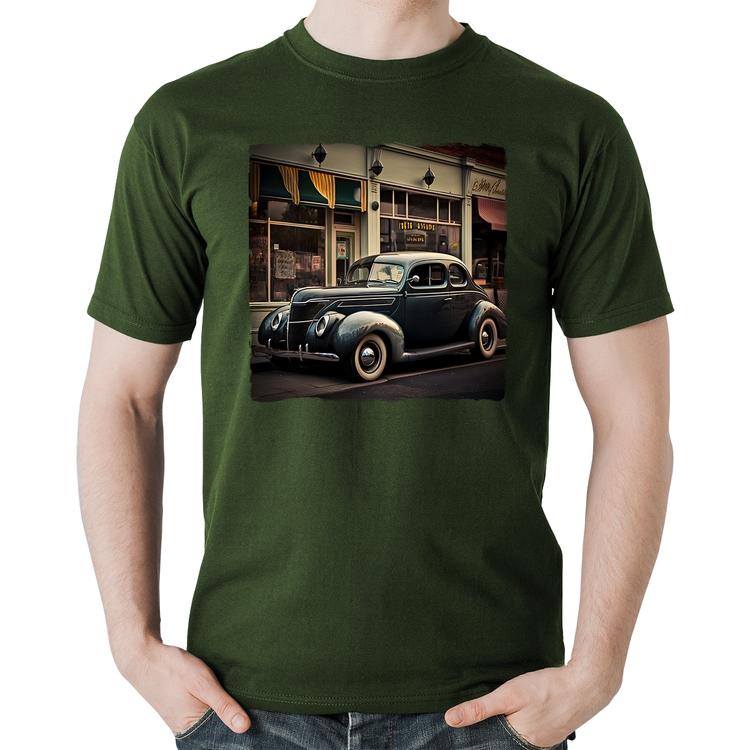 Camiseta Algodão Carro clássico na cidade - Musgo