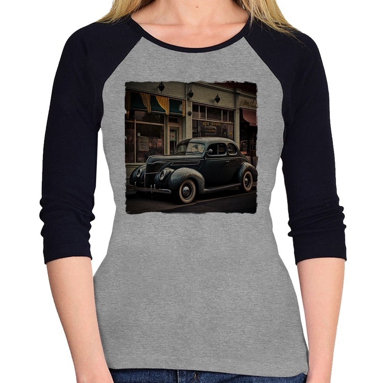 Baby Look Raglan Carro clássico na cidade Manga 3/4 - Cinza/Preto