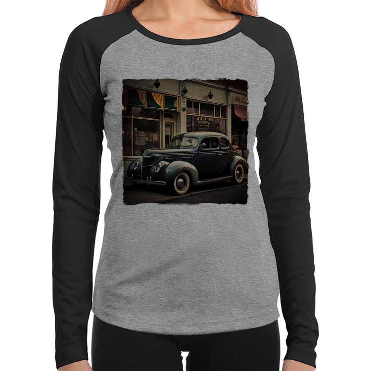 Baby Look Raglan Carro clássico na cidade Manga Longa - Cinza/Preto