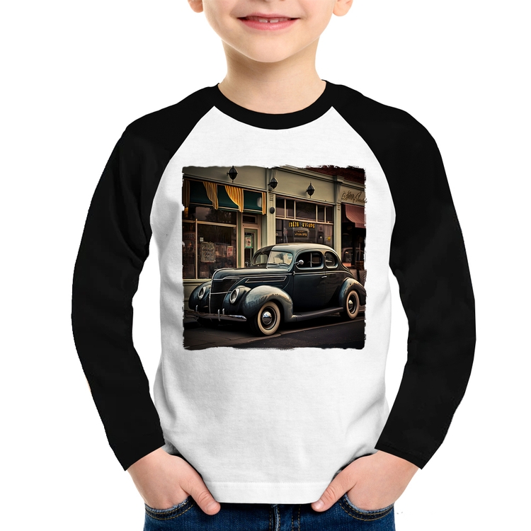 Camiseta Raglan Infantil Carro clássico na cidade Manga Longa