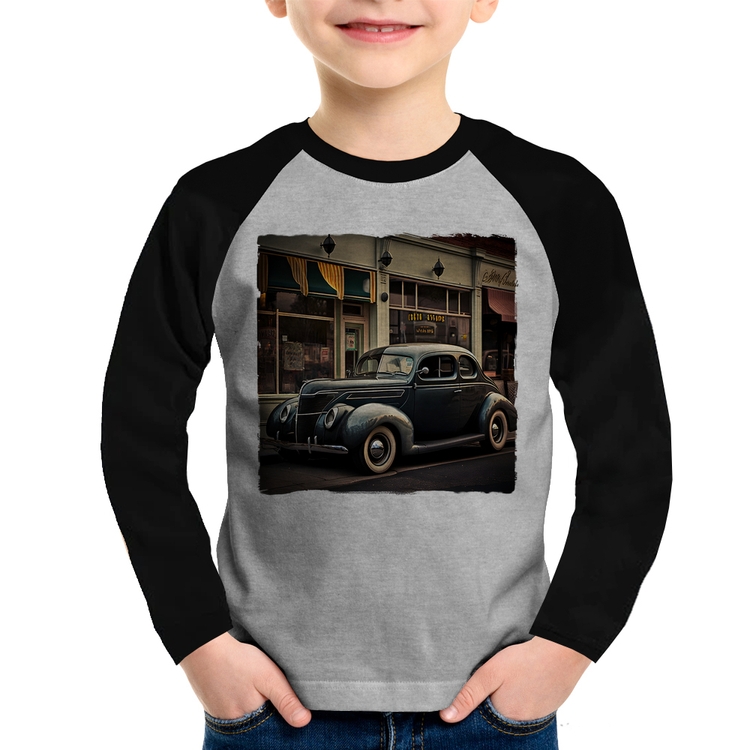 Camiseta Raglan Infantil Carro clássico na cidade Manga Longa - Cinza/Preto