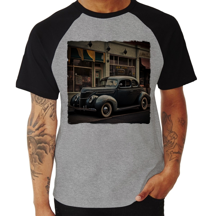 Camiseta Raglan Carro clássico na cidade - Cinza/Preto