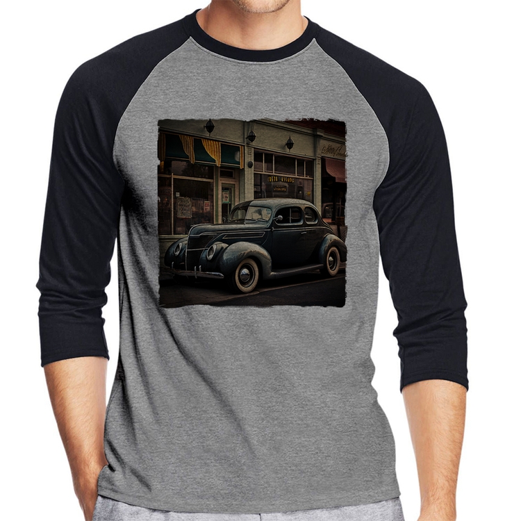 Camiseta Raglan Carro clássico na cidade Manga 3/4 - Cinza/Preto