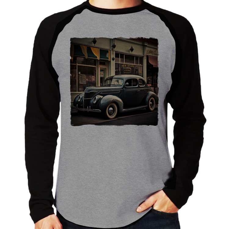 Camiseta Raglan Carro clássico na cidade Manga Longa - Cinza/Preto