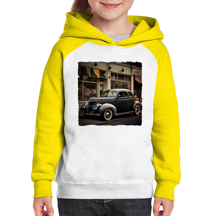 Moletom Infantil Carro clássico na cidade - Branco/Amarelo