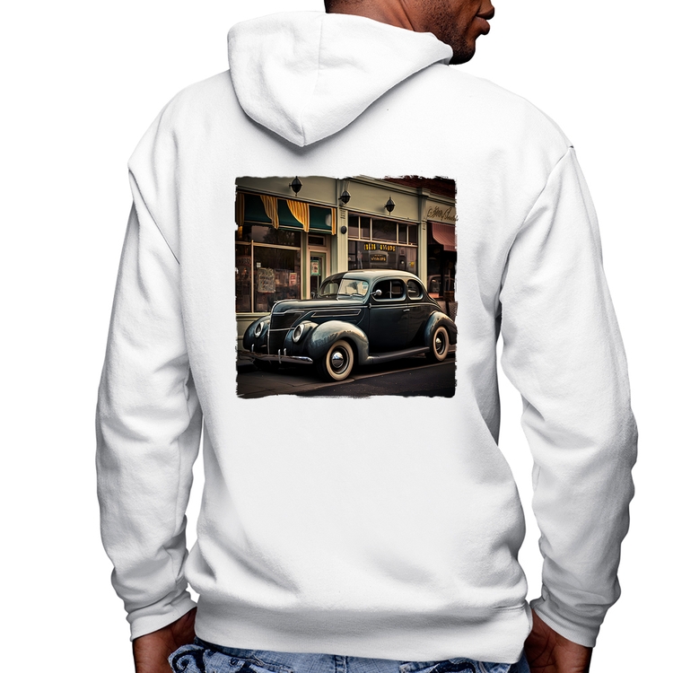 Blusa Moletom Carro clássico na cidade Masculina com Capuz e Zíper - Branca