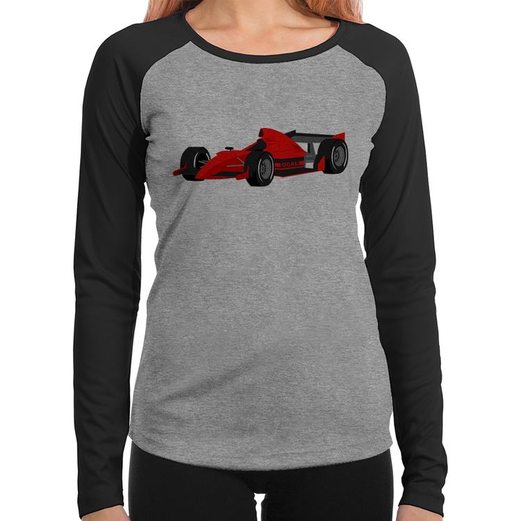 Baby Look Raglan Carro de Corrida Manga Longa - Cinza/Preto