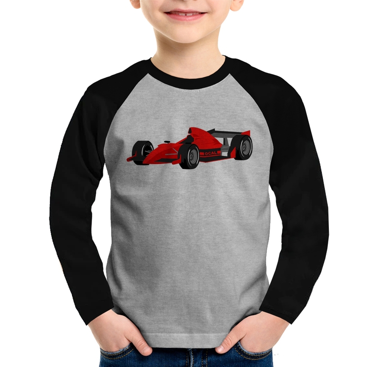 Camiseta Raglan Infantil Carro de Corrida Manga Longa - Cinza/Preto