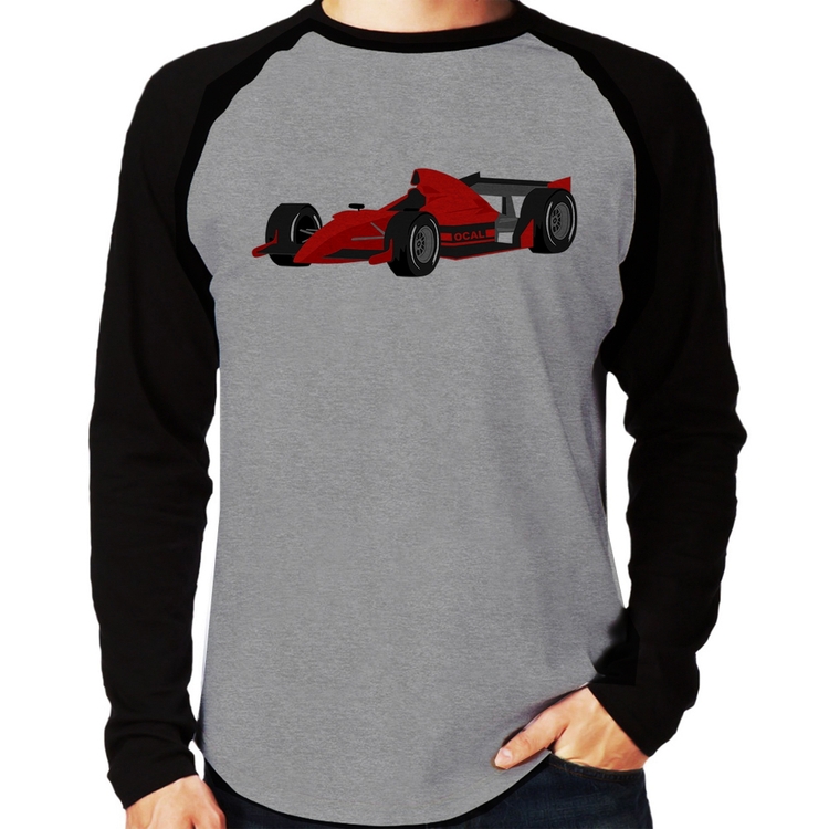 Camiseta Raglan Carro de Corrida Manga Longa - Cinza/Preto