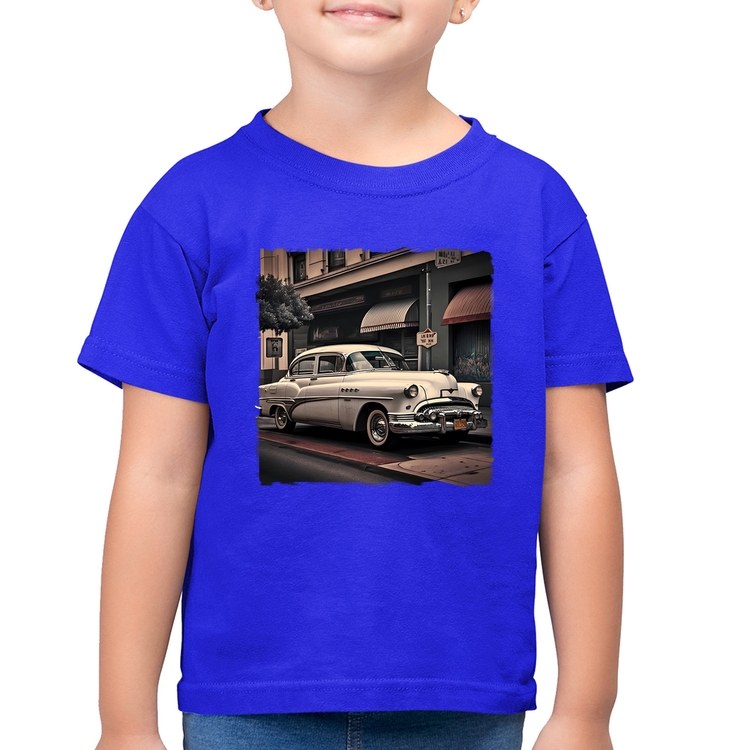 Camiseta Algodão Infantil Carro retrô branco - Azul Royal