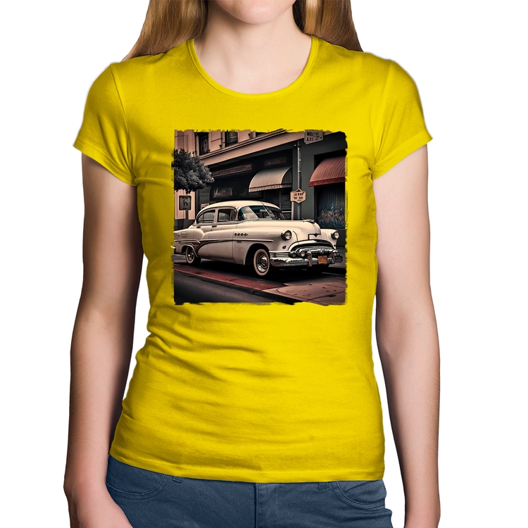 Baby Look Algodão Carro retrô branco - Amarela