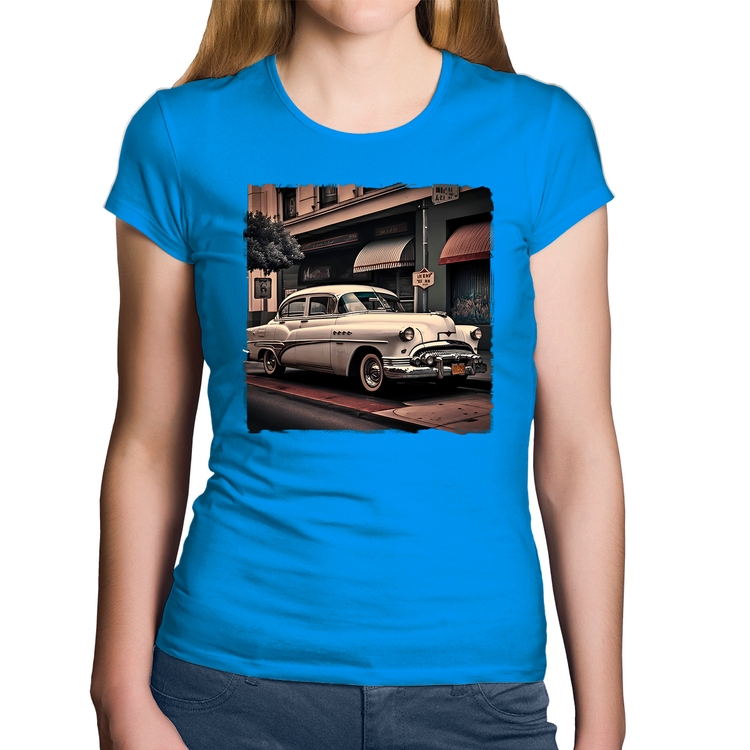 Baby Look Algodão Carro retrô branco - Azul