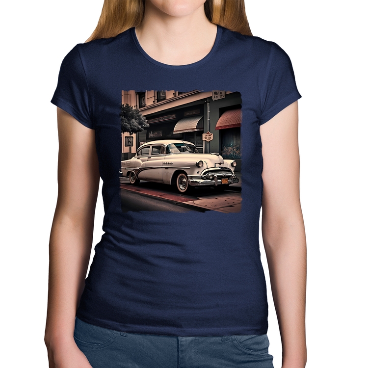 Baby Look Algodão Carro retrô branco - Marinho