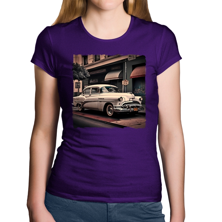 Baby Look Algodão Carro retrô branco - Roxa