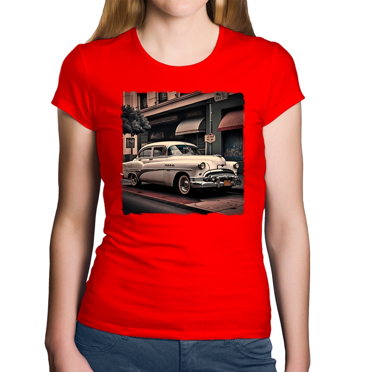 Baby Look Algodão Carro retrô branco - Vermelha