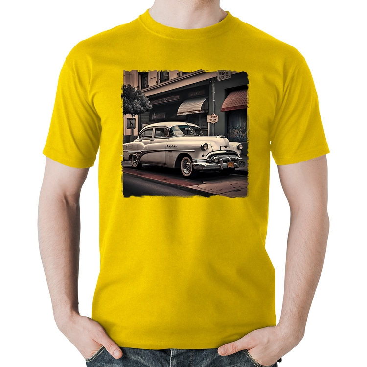 Camiseta Algodão Carro retrô branco - Amarela