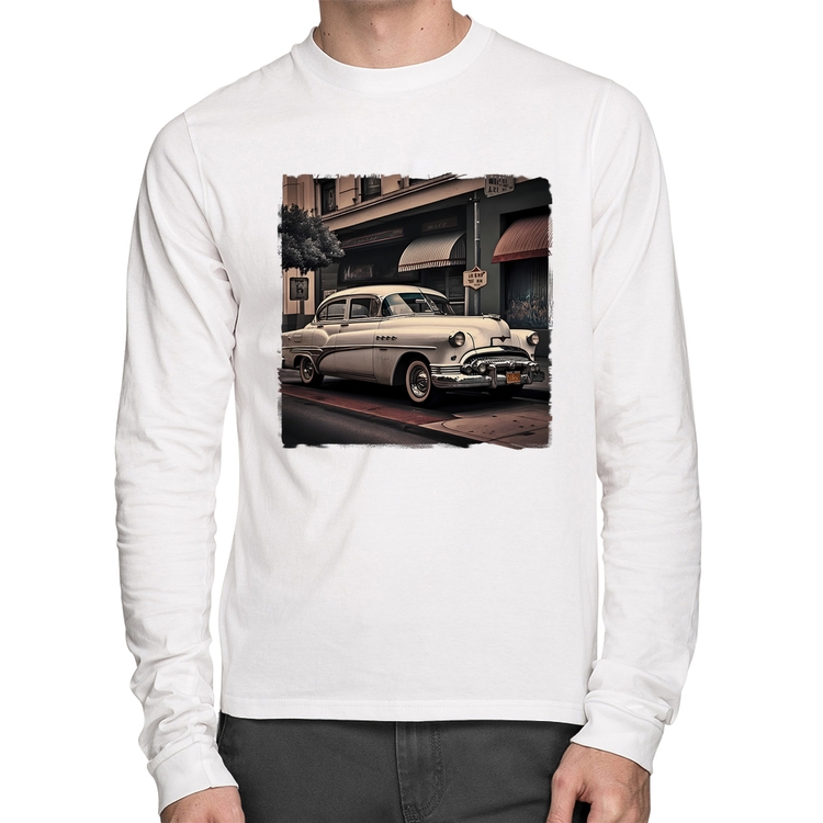 Camiseta Algodão Carro retrô branco Manga Longa - Branca