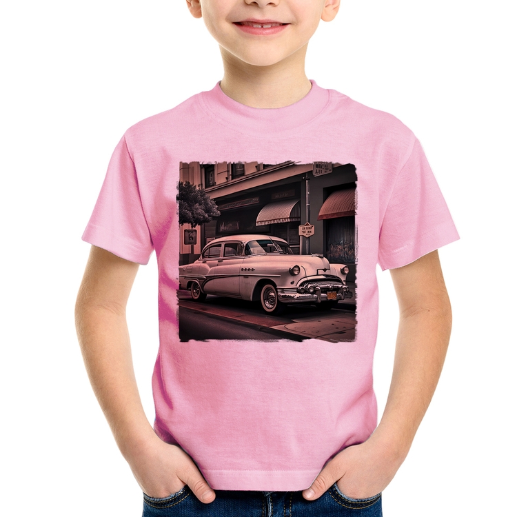 Camiseta Infantil Carro retrô branco - Rosa Bebê
