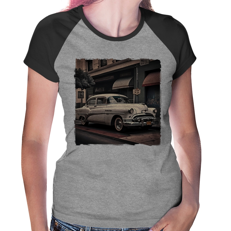 Baby Look Raglan Carro retrô branco - Cinza/Preto