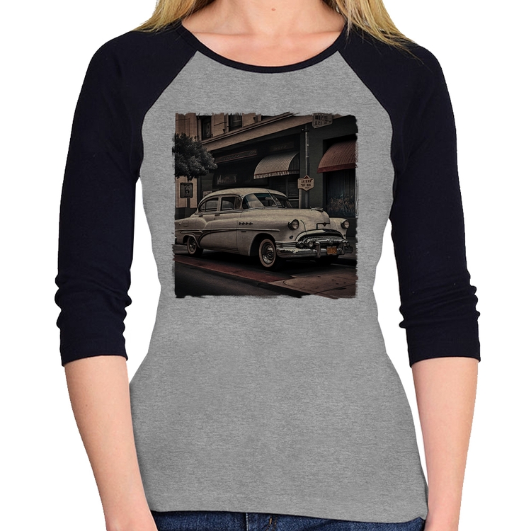 Baby Look Raglan Carro retrô branco Manga 3/4 - Cinza/Preto