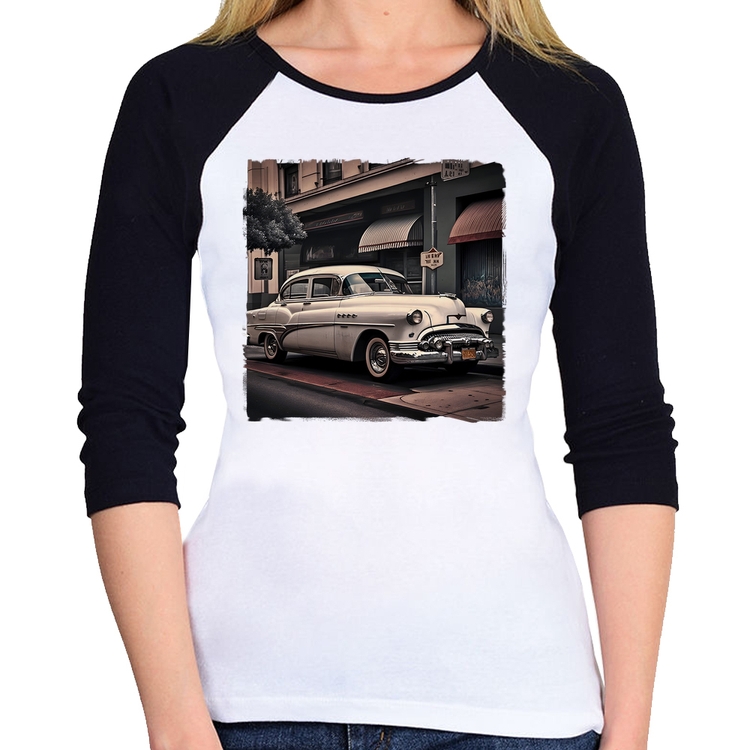 Baby Look Raglan Carro retrô branco Manga 3/4