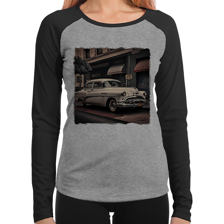 Baby Look Raglan Carro retrô branco Manga Longa - Cinza/Preto