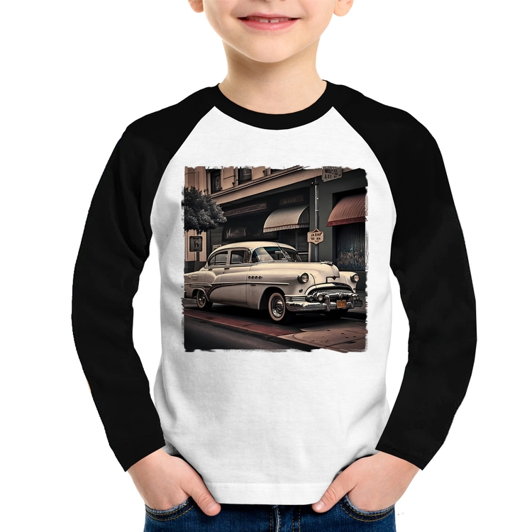 Camiseta Raglan Infantil Carro retrô branco Manga Longa