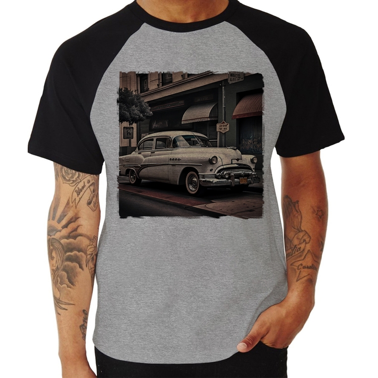 Camiseta Raglan Carro retrô branco - Cinza/Preto