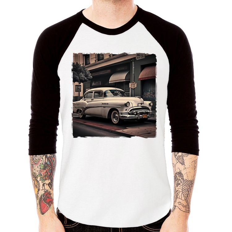 Camiseta Raglan Carro retrô branco Manga 3/4