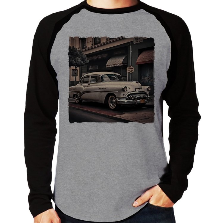 Camiseta Raglan Carro retrô branco Manga Longa - Cinza/Preto