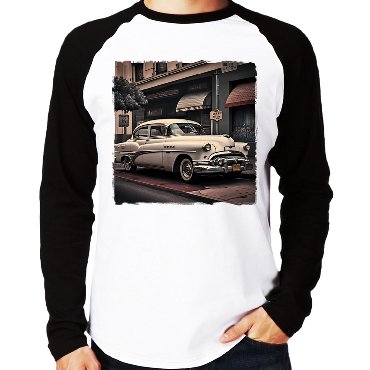 Camiseta Raglan Carro retrô branco Manga Longa