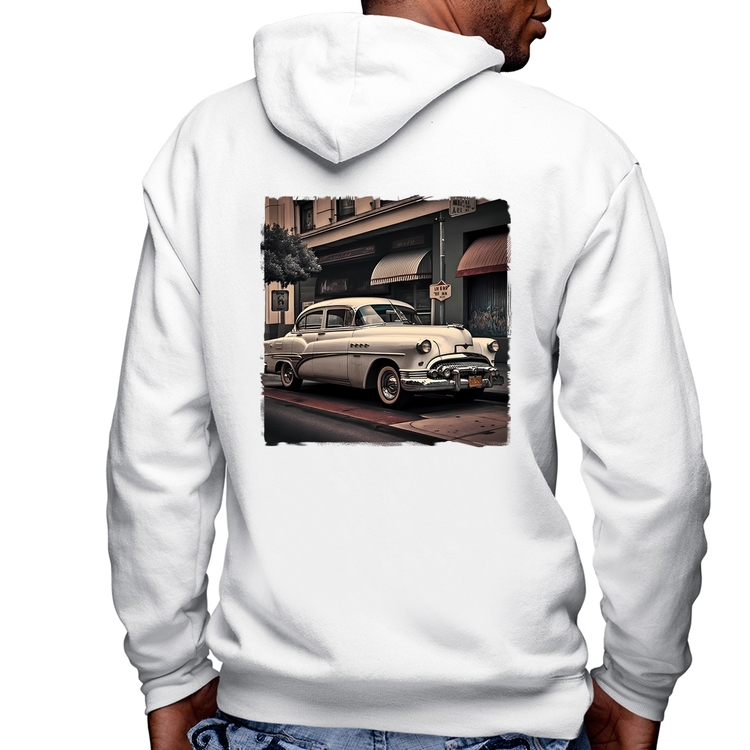 Blusa Moletom Carro retrô branco Masculina com Capuz e Zíper - Branca