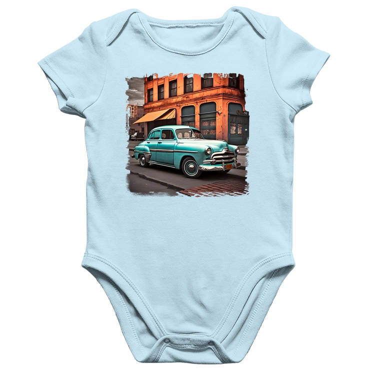 Body Bebê Algodão Carro retrô na cidade - Azul Bebê