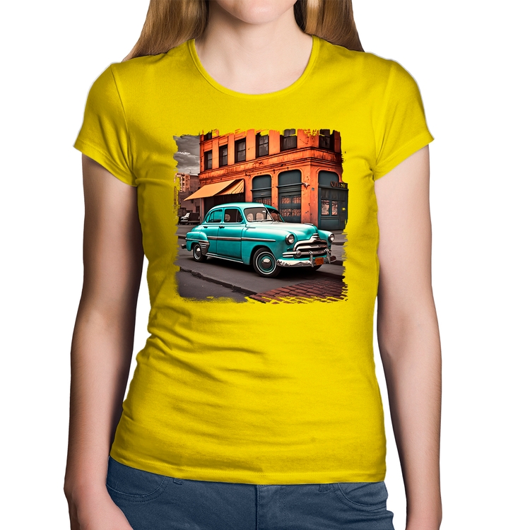 Baby Look Algodão Carro retrô na cidade - Amarela