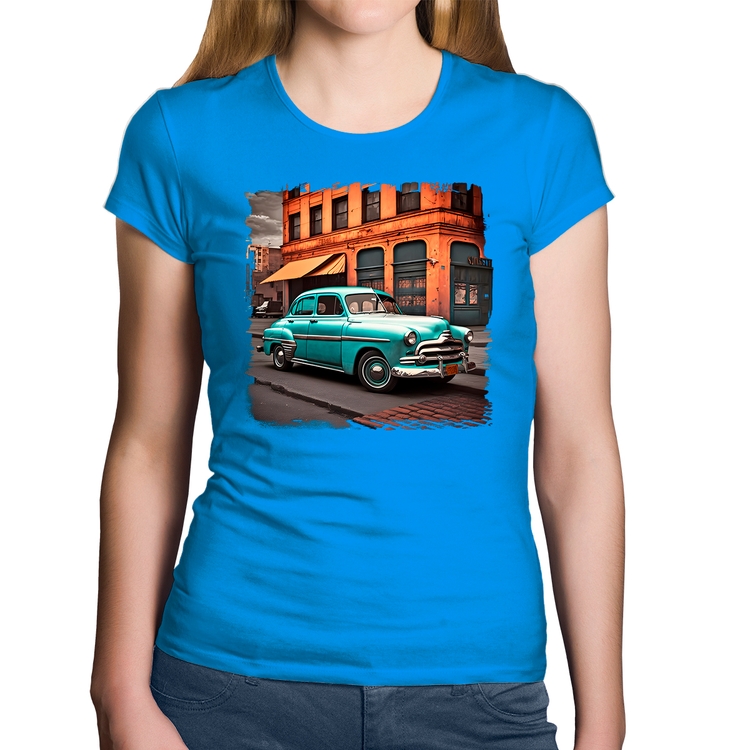 Baby Look Algodão Carro retrô na cidade - Azul