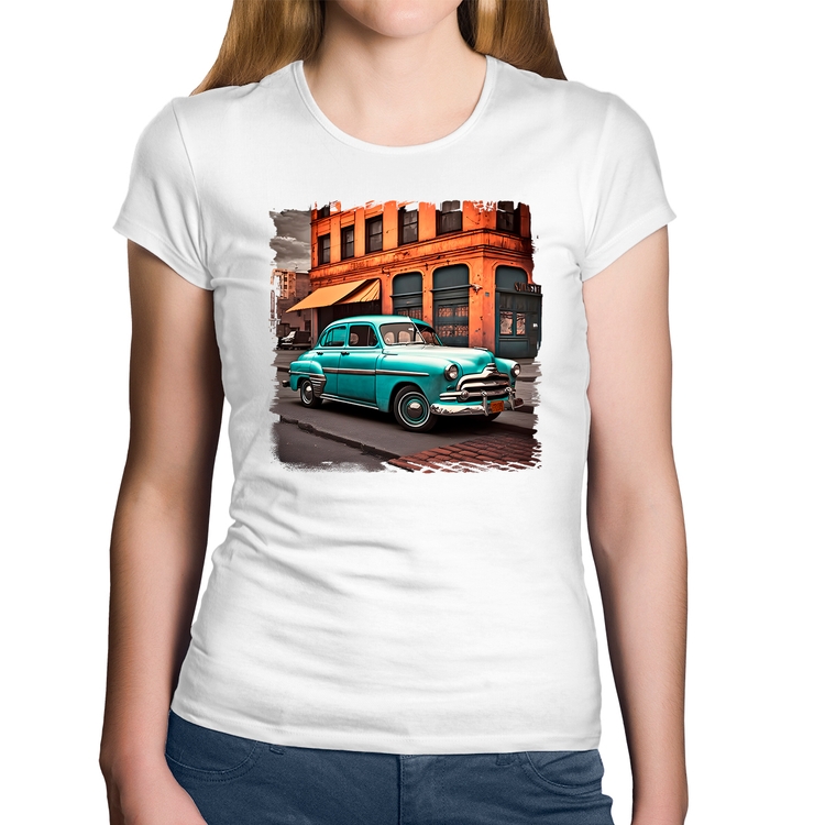 Baby Look Algodão Carro retrô na cidade - Branca