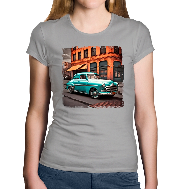 Baby Look Algodão Carro retrô na cidade - Cinza