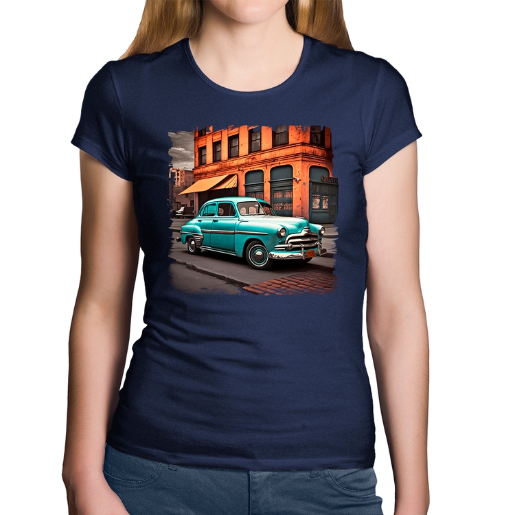 Baby Look Algodão Carro retrô na cidade - Marinho