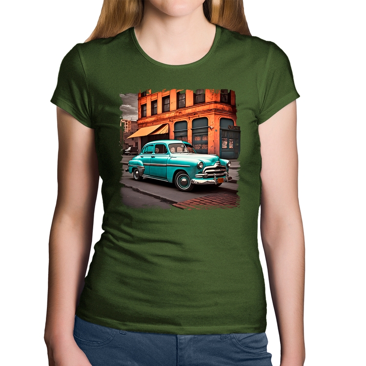 Baby Look Algodão Carro retrô na cidade - Musgo