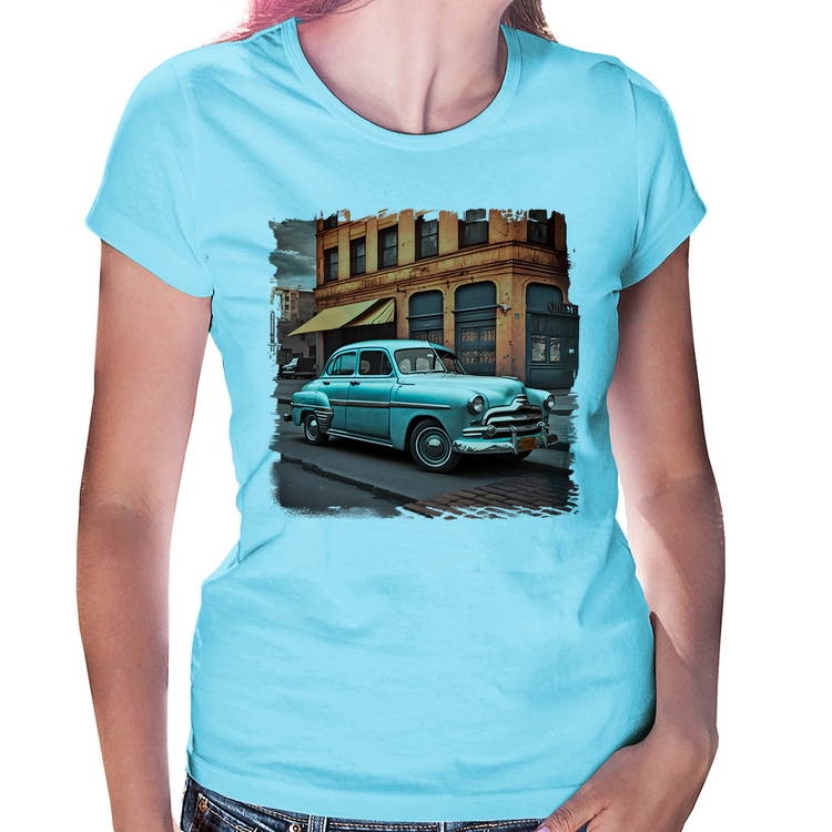 Baby Look Carro retrô na cidade - Azul Bebê