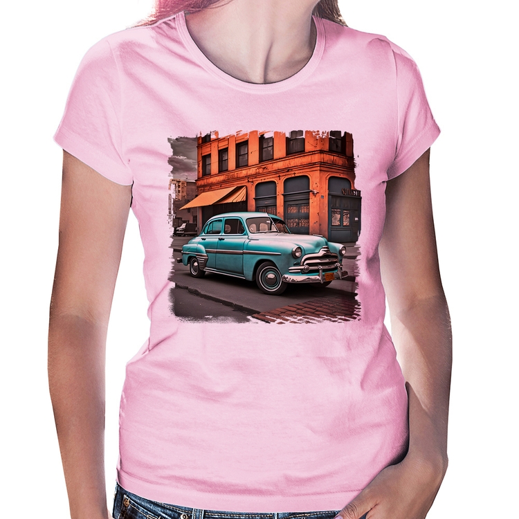 Baby Look Carro retrô na cidade - Rosa Bebê