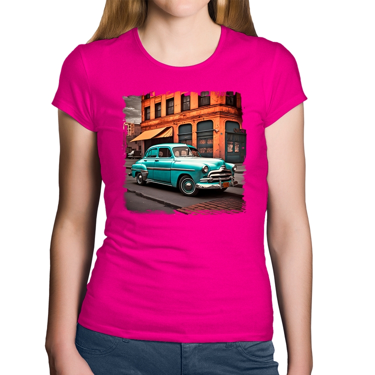 Baby Look Algodão Carro retrô na cidade - Rosa