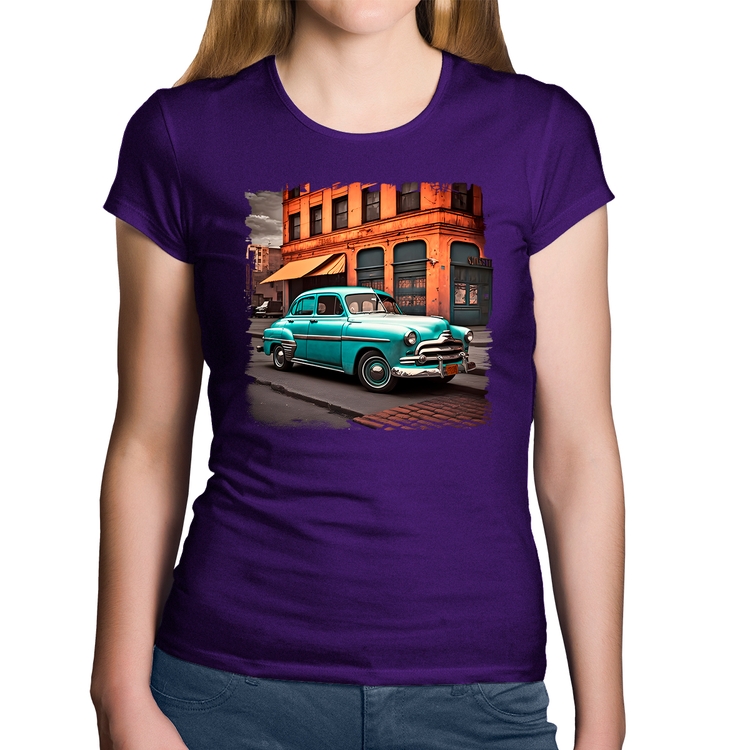 Baby Look Algodão Carro retrô na cidade - Roxa