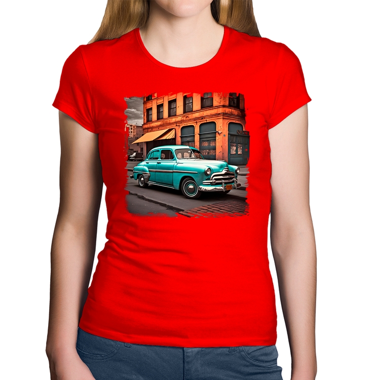 Baby Look Algodão Carro retrô na cidade - Vermelha