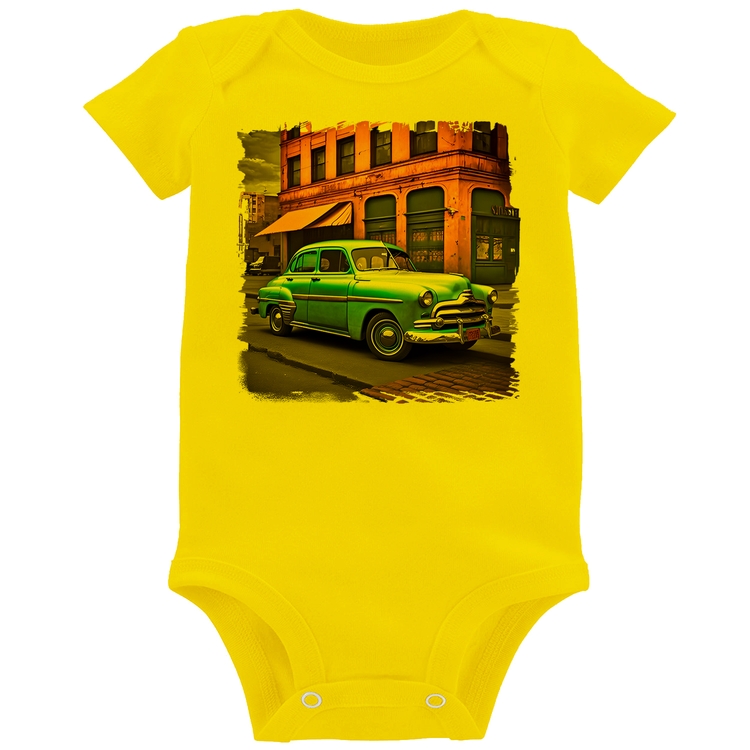 Body Bebê Carro retrô na cidade - Amarelo