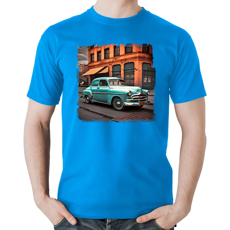 Camiseta Algodão Carro retrô na cidade - Azul