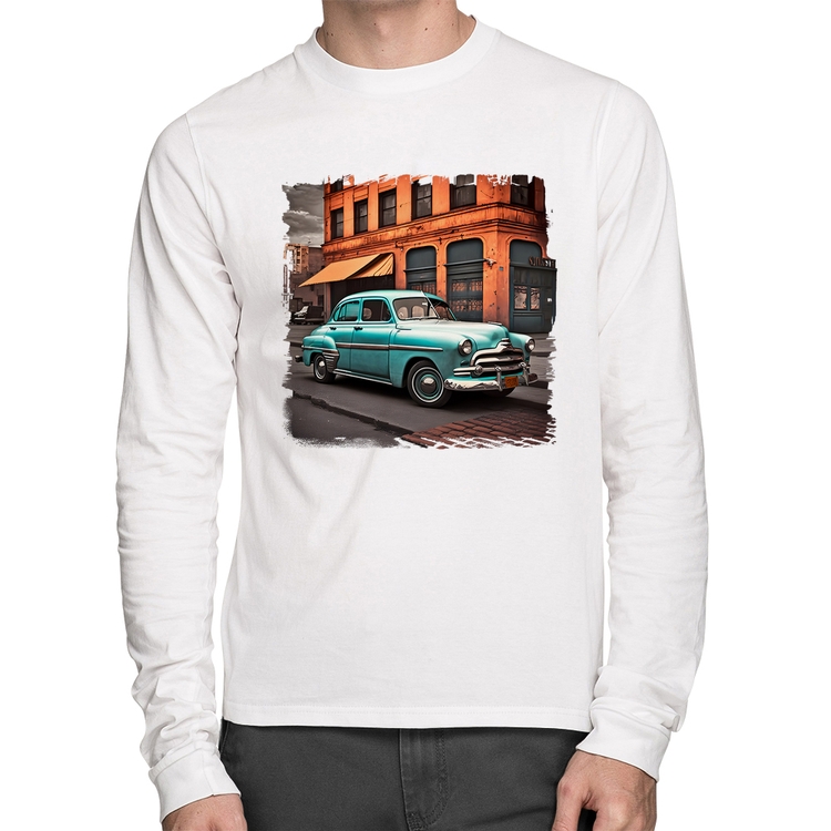 Camiseta Algodão Carro retrô na cidade Manga Longa - Branca