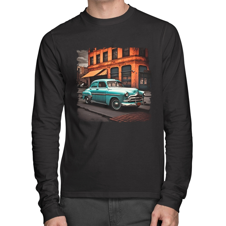 Camiseta Algodão Carro retrô na cidade Manga Longa